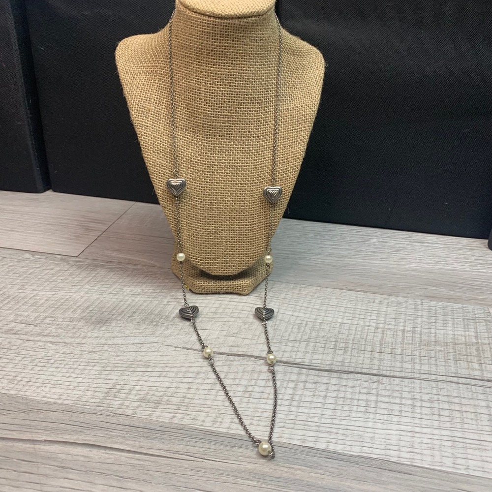 Silver Tone Puffed Heart and Faux Pearl Long Station Necklace 36 Inch